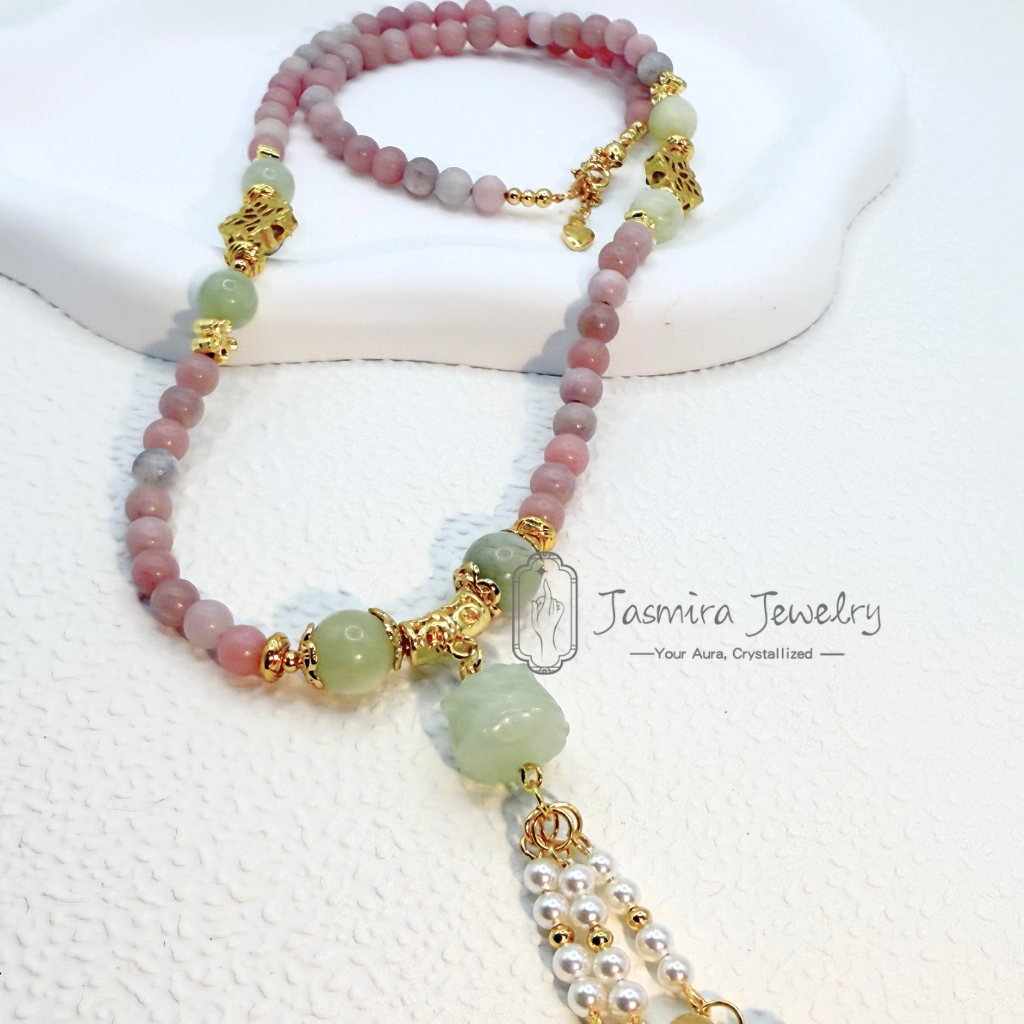 The Green Lion and Peach Blossom Necklace