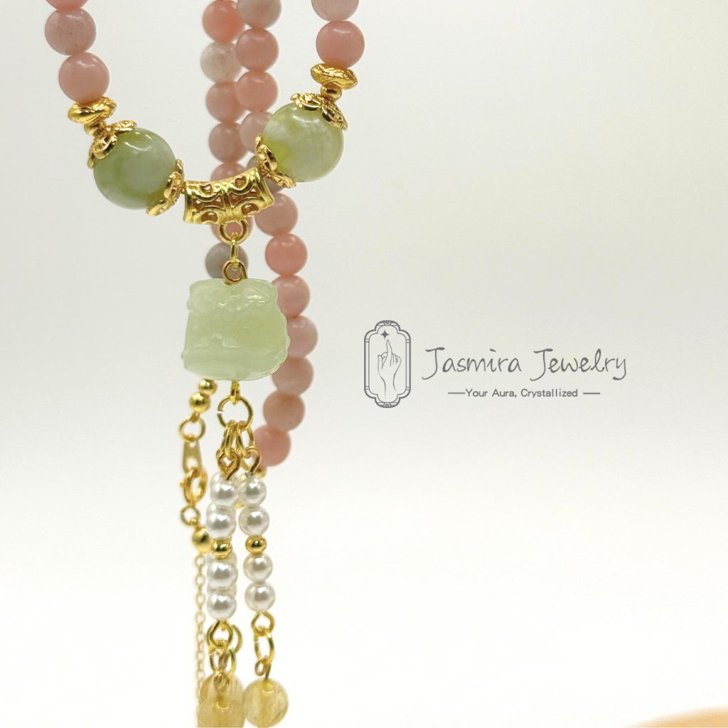 The Green Lion and Peach Blossom Necklace