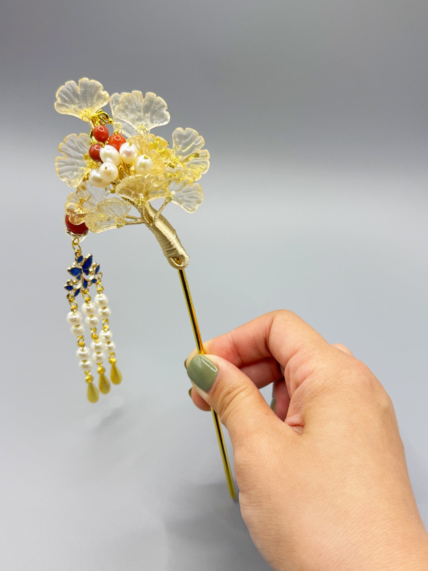 Ginkgo Biloba-inspired Glazed and Pearl Hairpin