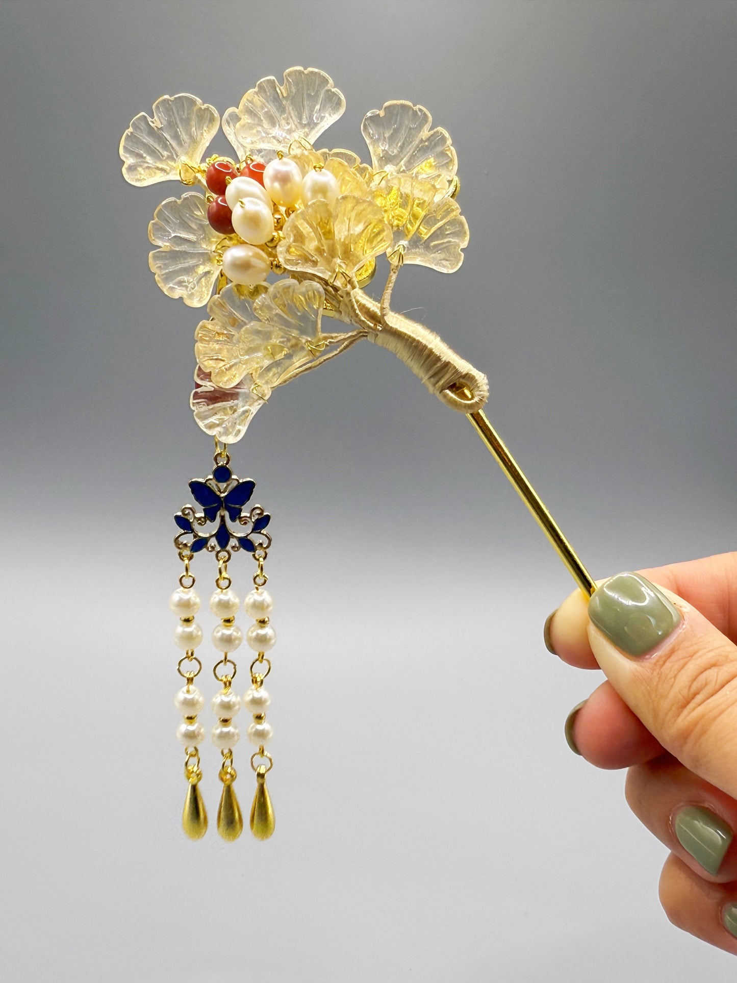 Ginkgo Biloba-inspired Glazed and Pearl Hairpin